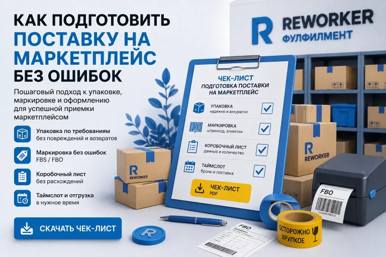 Инфографика и чек-лист подготовки поставки FBO и FBS на маркетплейс от фулфилмента Reworker